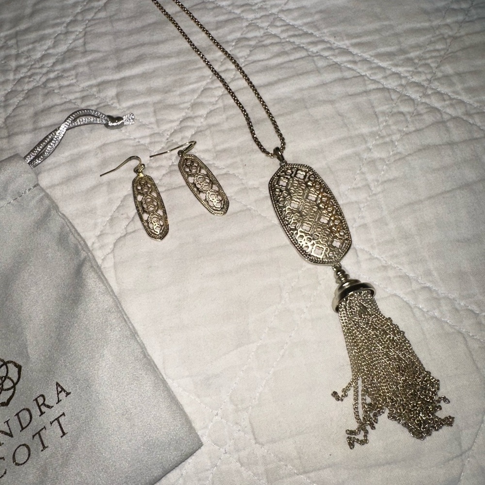 Kendra Scott Rayne Gold Filigree Tassel Pendant Necklace + Matching Earrings Set